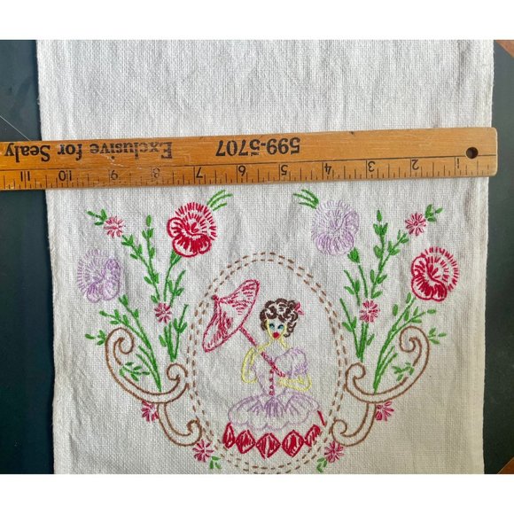 Vintage Table Runner Hand Embroidered Girl with Umbrella & Flowers decor 40" . - Picture 8 of 10